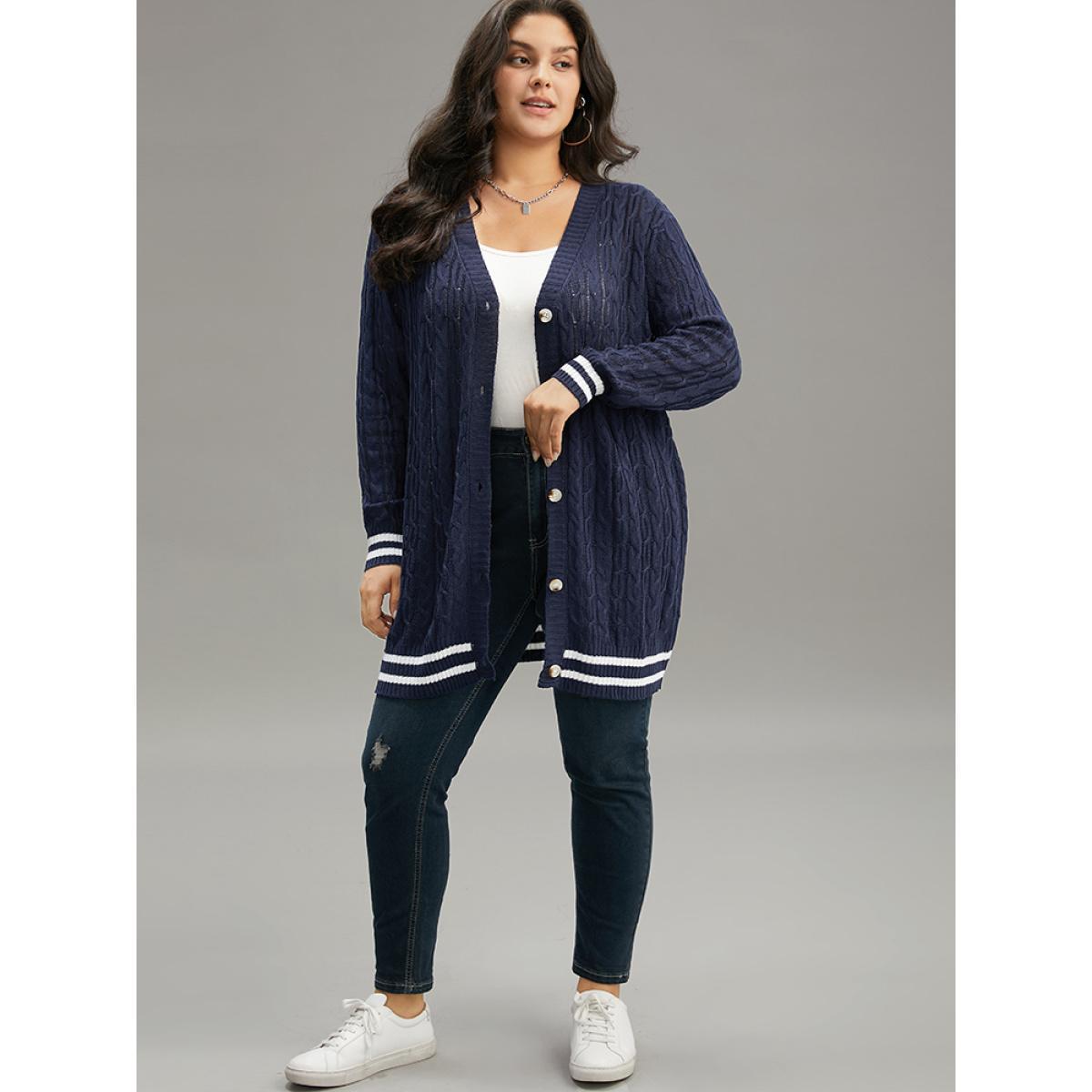 Plus Size Cable Knit Striped Patchwork Button Through Cardigan Indigo Women Casual Loose Long Sleeve Dailywear Cardigans BloomChic 22-24/3X Product Image