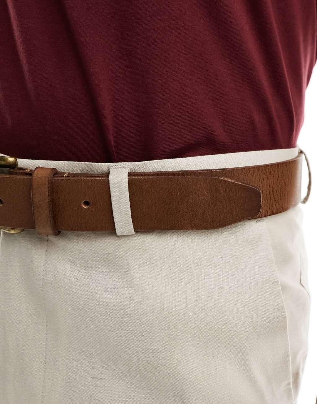 ASOS DESIGN leather belt with burnished gold buckle Product Image