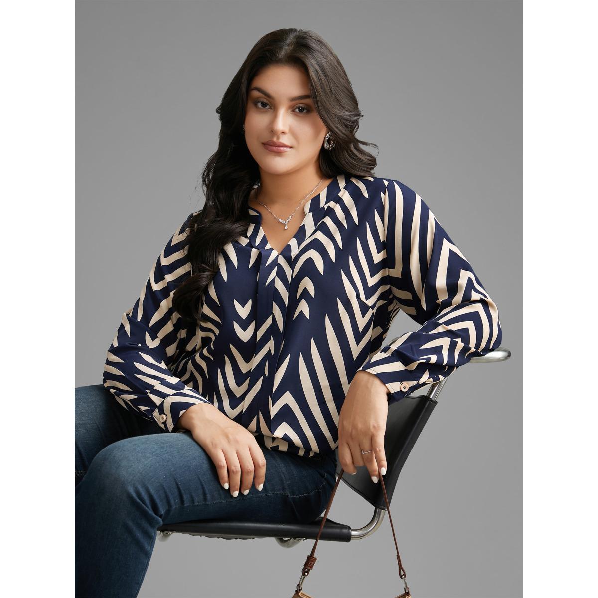 Plus Size Indigo Geometric Notched Pleated Slit Hem Blouse Women At the Office Extra Long Sleeve Notched collar Work Blouses BloomChic 12/L Product Image