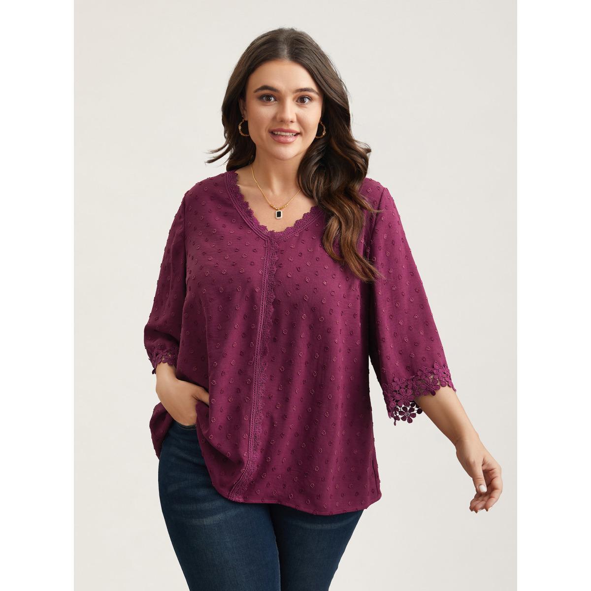 Plus Size Deeppurplered Textured Color-Block Lace Detail Shirt Women Elegant Elbow-length sleeve V-neck Everyday Blouses BloomChic 12/L Product Image
