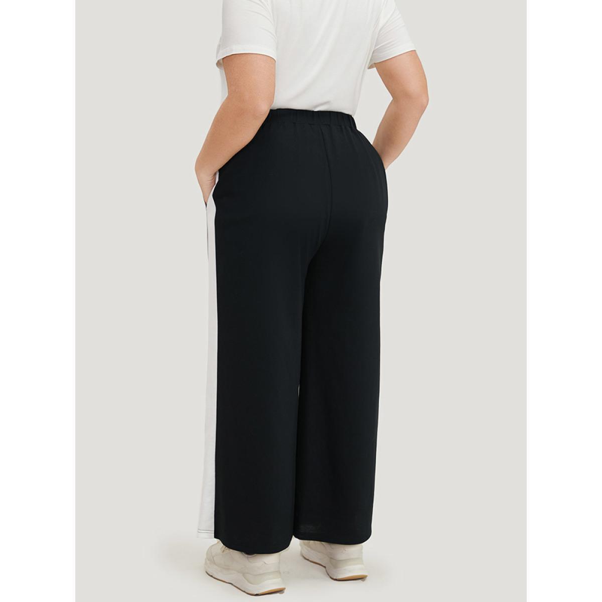 Contrast Patchwork Pocket High Rise Sweatpants Black Plus Size Women Casual Dailywear Contrast 12/L Bloomchic Product Image
