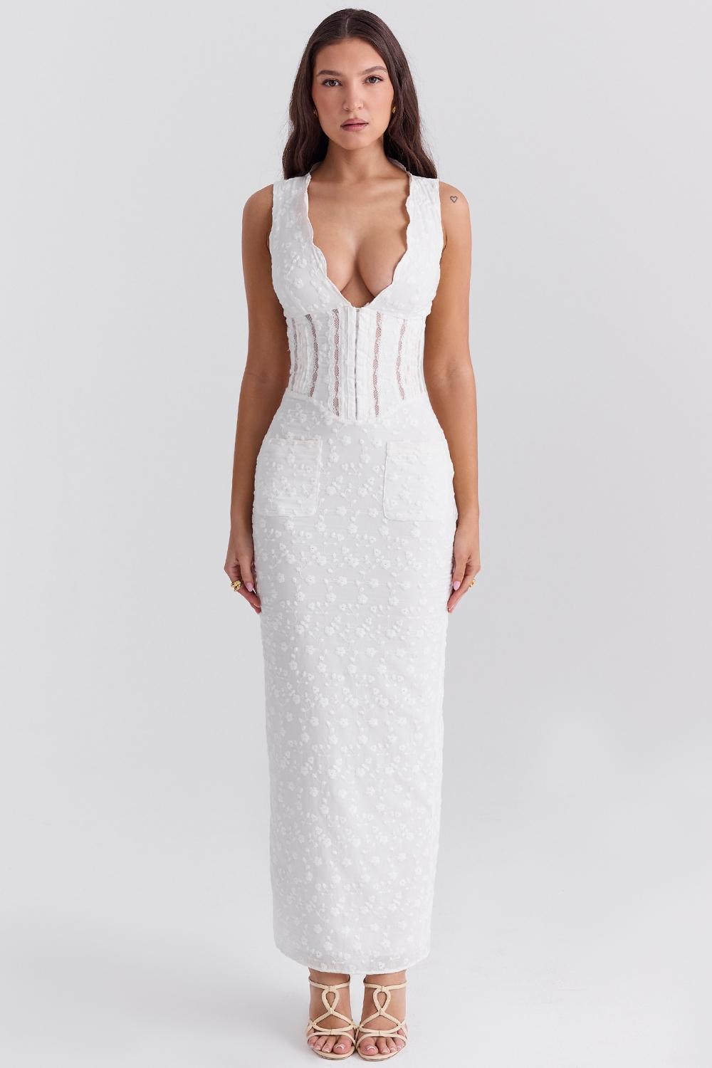 Sophina  white cotton broderie anglais plunge maxi dress Product Image