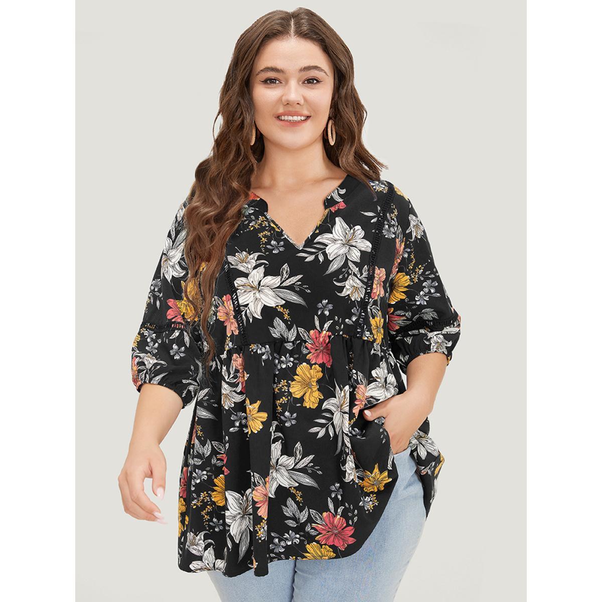 Plus Size Black Floral Lantern Sleeve Lace Gathered Notched Blouse Women Elegant Elbow-length sleeve Notched collar Dailywear Blouses BloomChic 26/4X Product Image