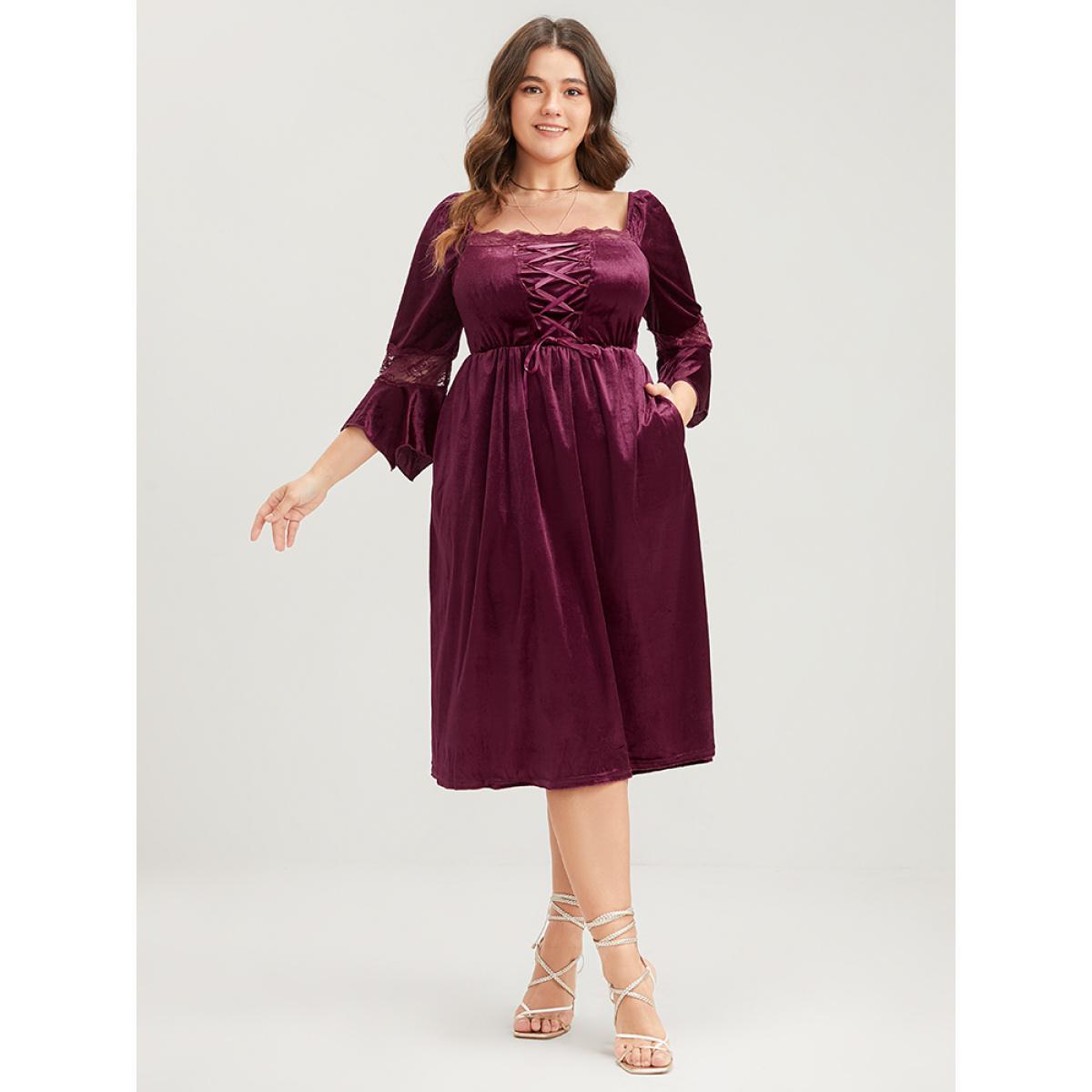 Plus Size Halloween Solid Velvet Bell Sleeve Pocket Contrast Lace Ties Midi Dress Burgundy Women Party Ribbon Square Neck Elbow-length sleeve Curvy Midi Dress BloomChic 10/M Product Image