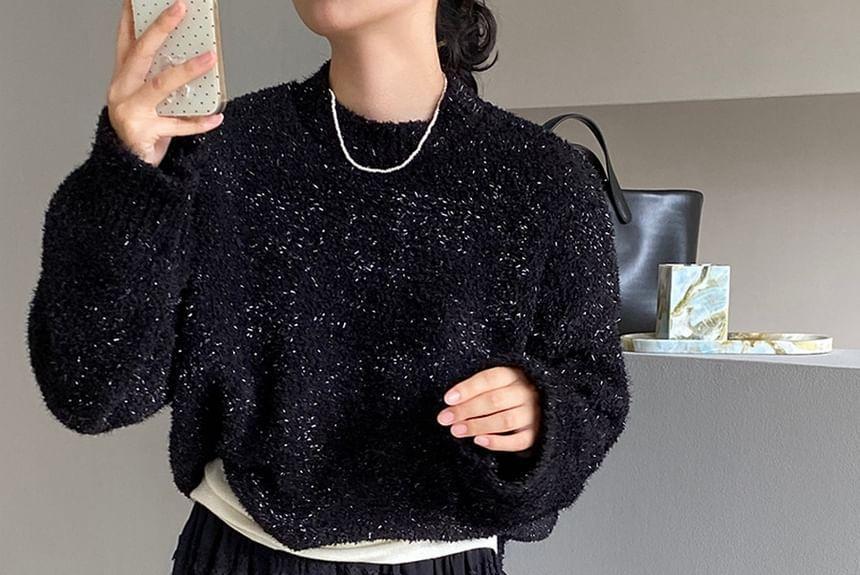 Mock Neck Plain Glitter Sweater Product Image