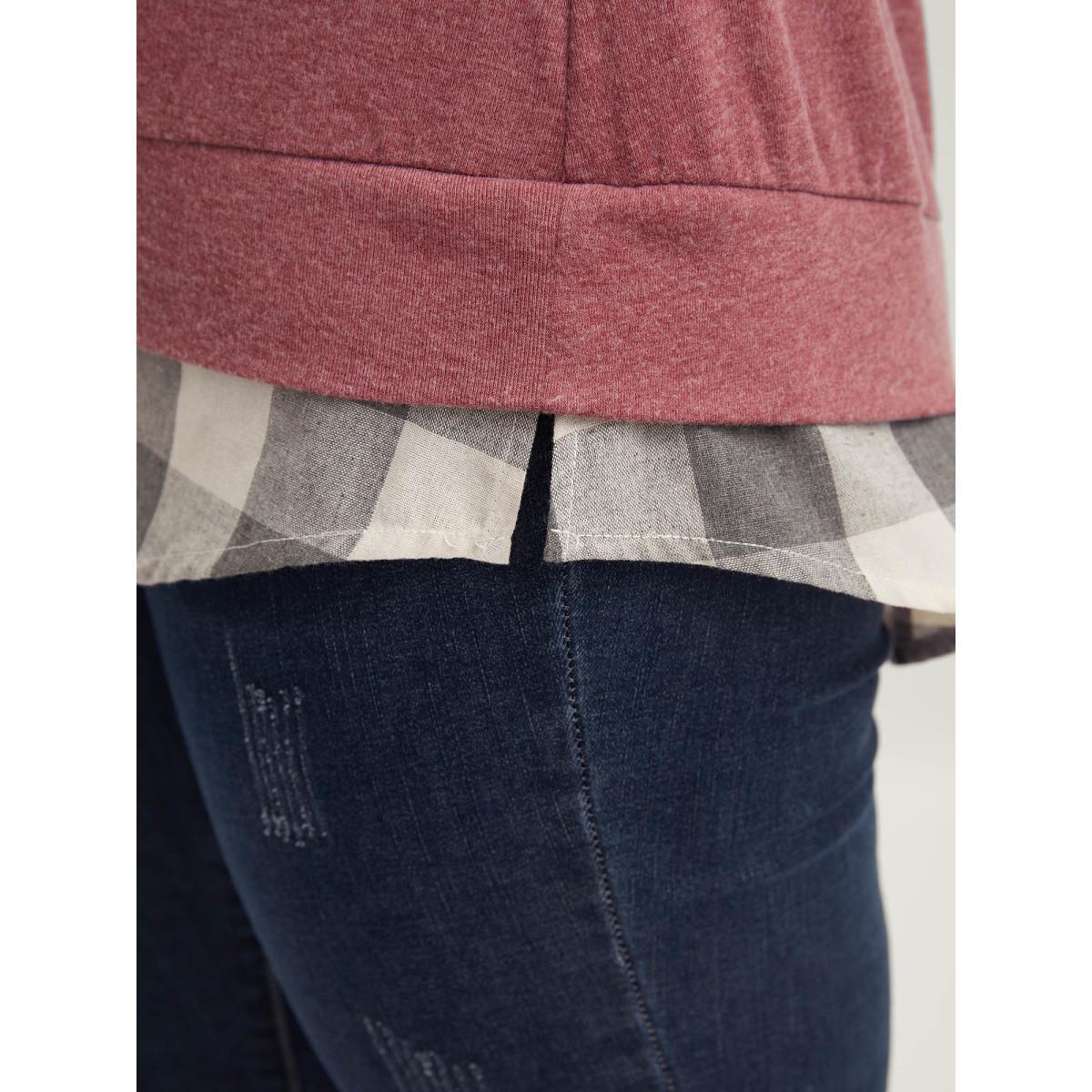 Plus Size Heather Plaid Patchwork Crew Neck T-shirt Russet Women Casual Heather Plaid Round Neck Everyday T-shirts BloomChic 18-20/2X Product Image