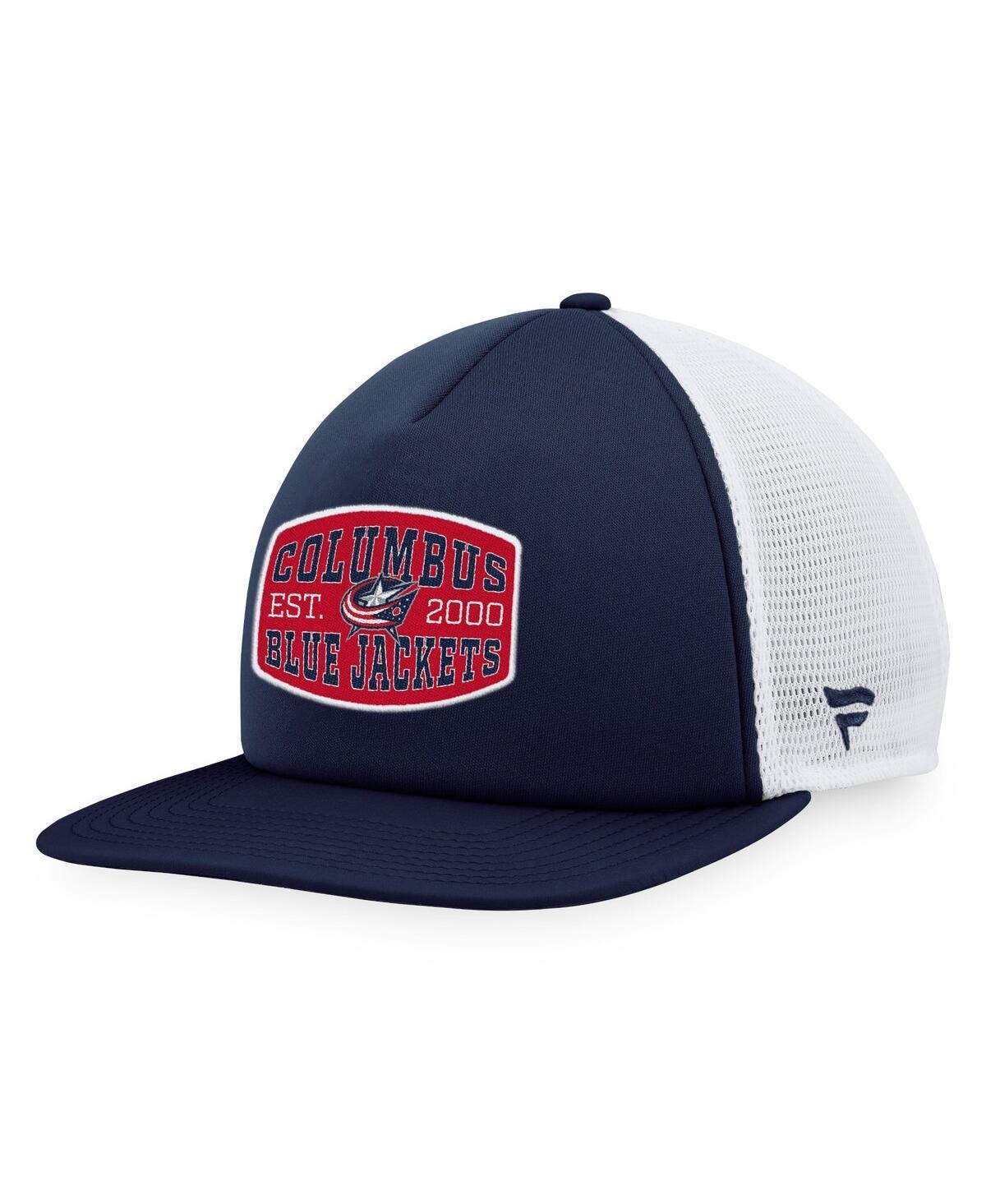 Men's Fanatics Branded Navy/White Columbus Blue Jackets Foam Front Patch Trucker Snapback Hat Product Image