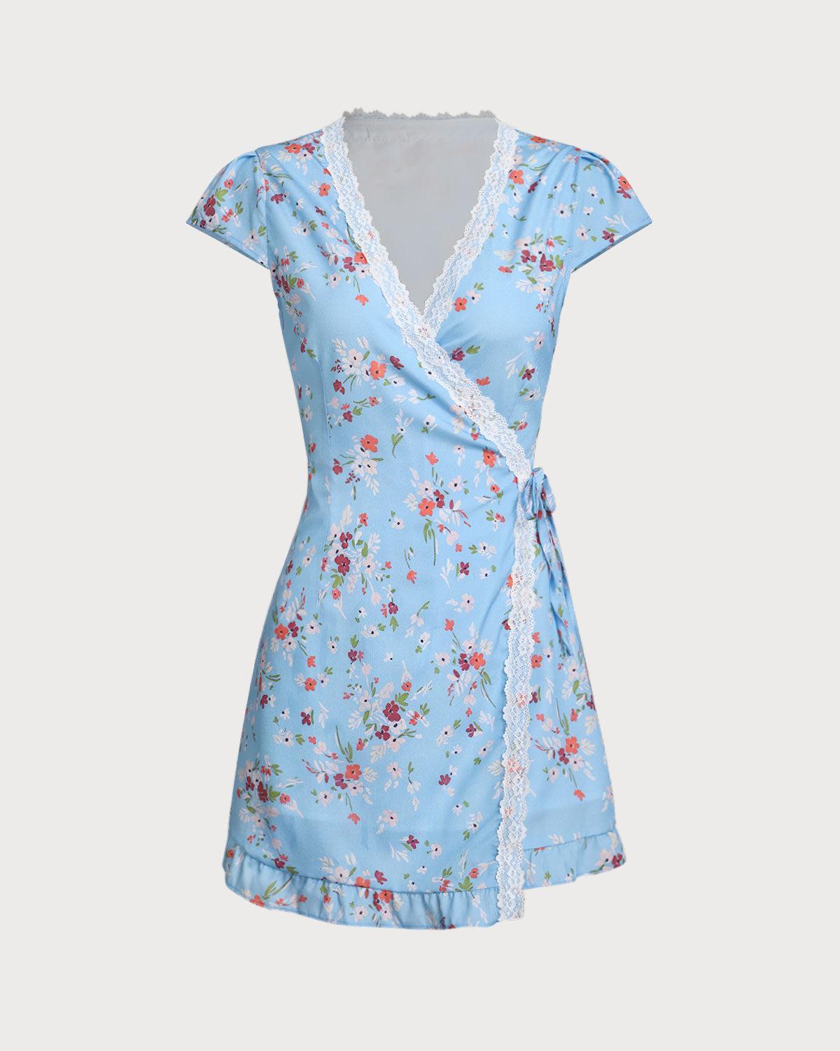 Blue Floral Wrap Mini Dress Product Image