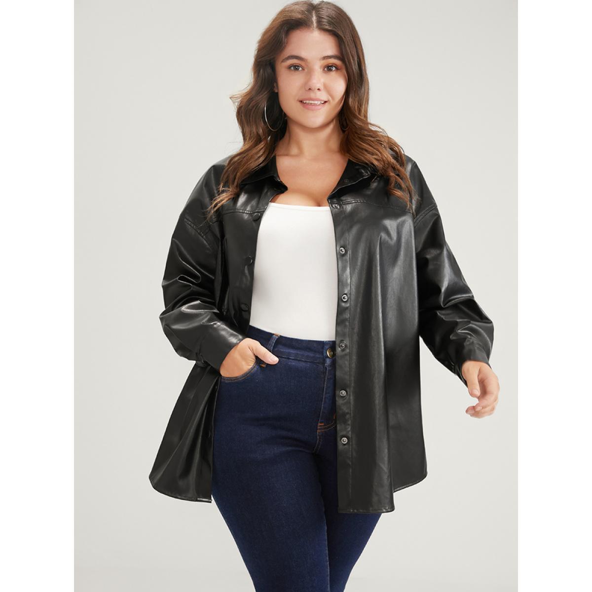 Plus Size PU Leather Pocket Button Up Coat Women Black Casual Button Ladies Dailywear Winter Coats BloomChic 22-24/3X Product Image