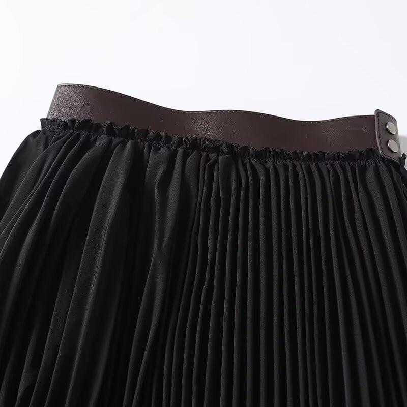 High Rise Faux Leather Panel Accordion Pleated Midi A-Line Skirt Product Image