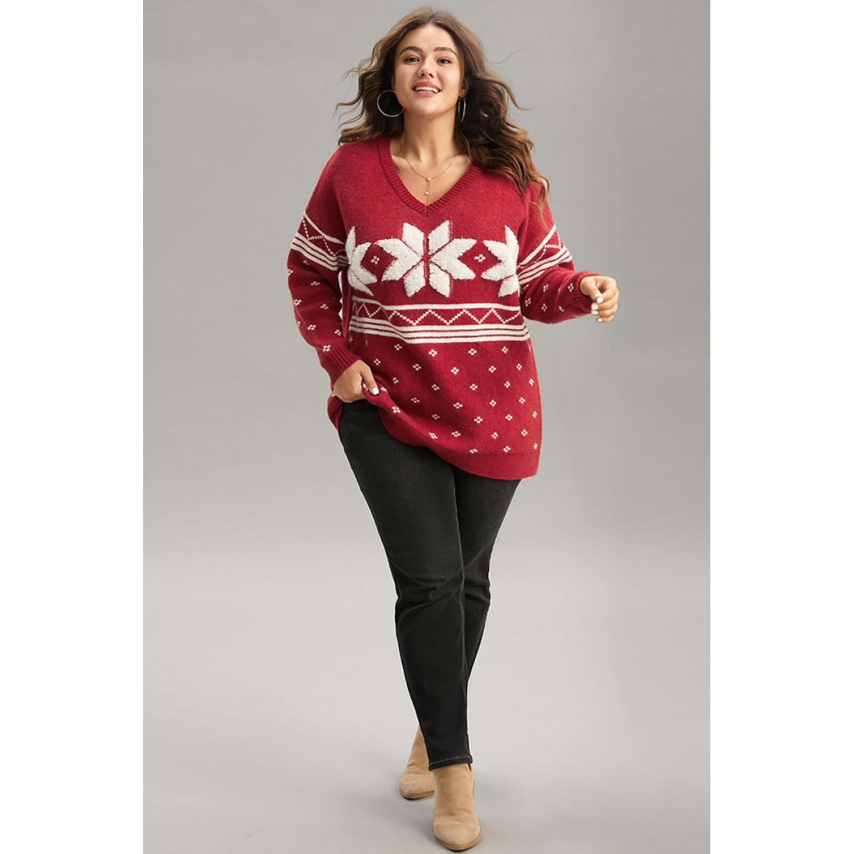 Plus Size Supersoft Essentials Towel Embroidered Snowflake Pullover Scarlet Women Casual Loose Long Sleeve V-neck Festival-Christmas Pullovers BloomChic 30/6X Product Image
