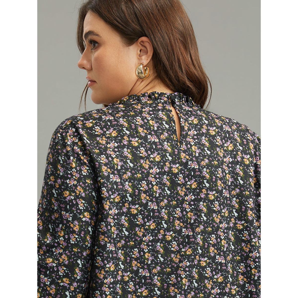 Plus Size Black Ditsy Floral Stand Collar Pleated Blouse Women Elegant Long Sleeve Stand-up collar Dailywear Blouses BloomChic 12/L Product Image