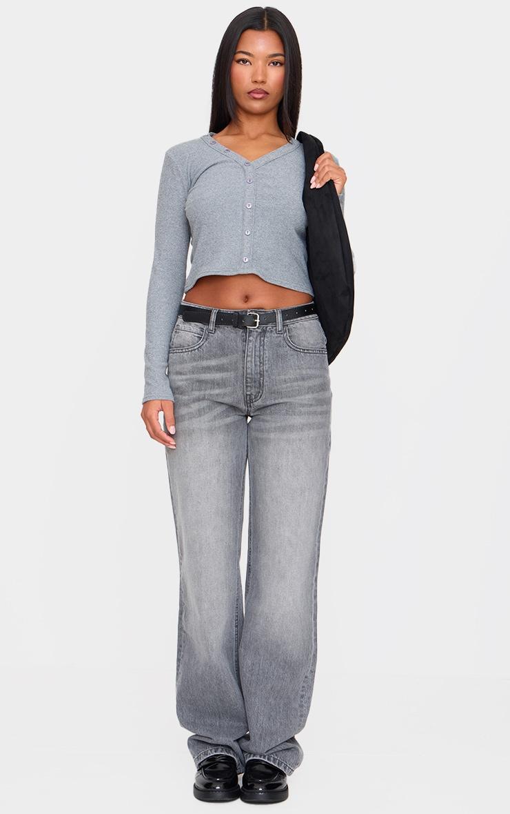Charcoal Soft Touch Rib Asymmetric Button Down Long Sleeve Top Product Image