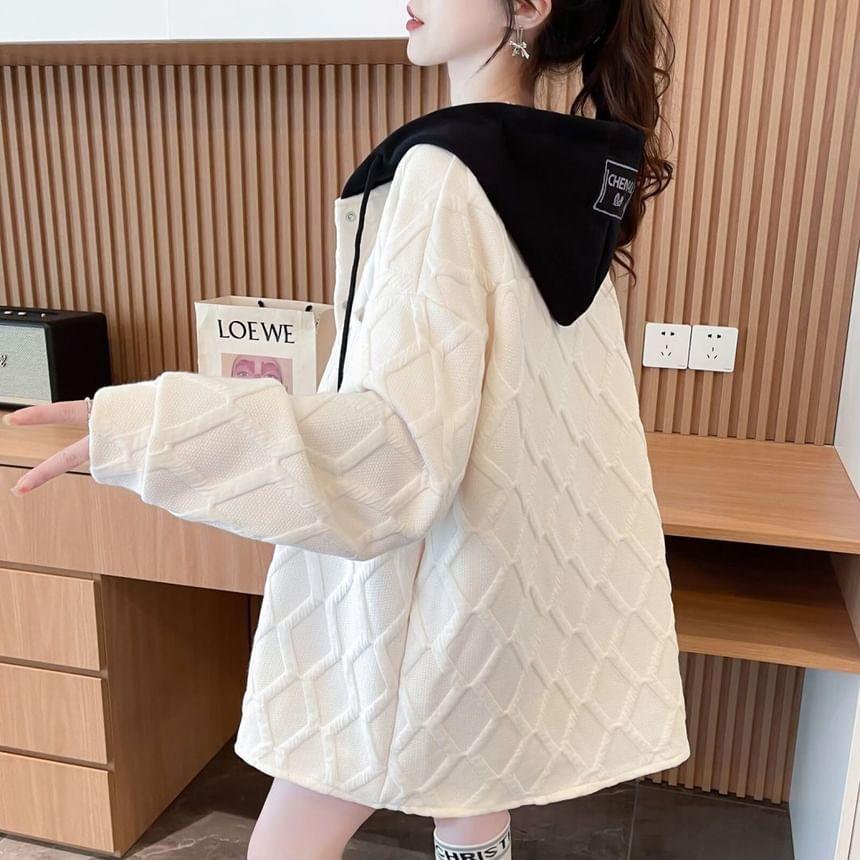 Two Tone Drawstring Hooded Button Jacket Product Image