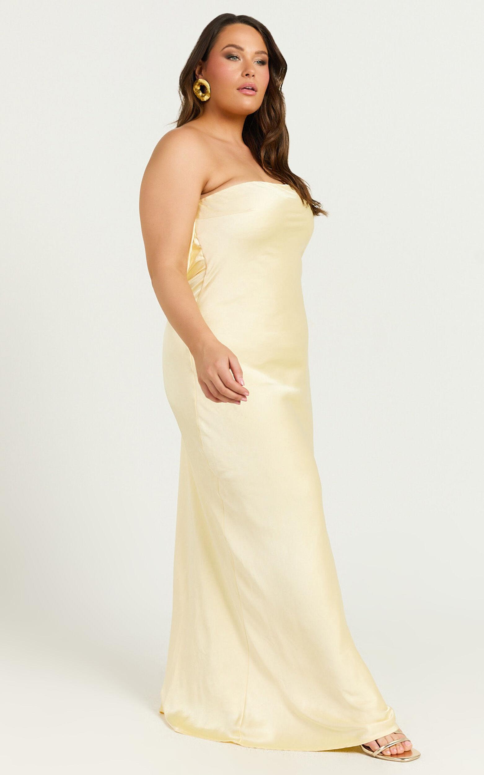 Charlita Maxi Dress - Strapless Cowl Back Satin Dress in Butter Yellow Product Image