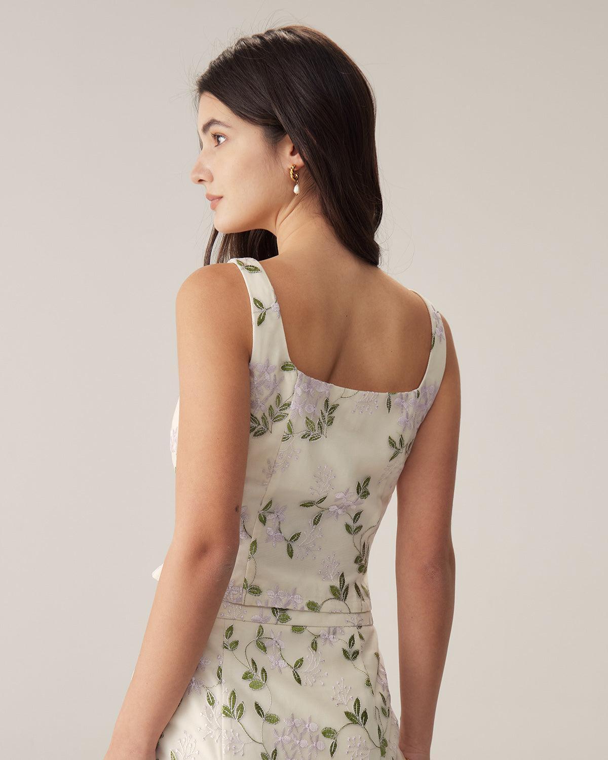 Beige Floral Slim Tank Top Product Image