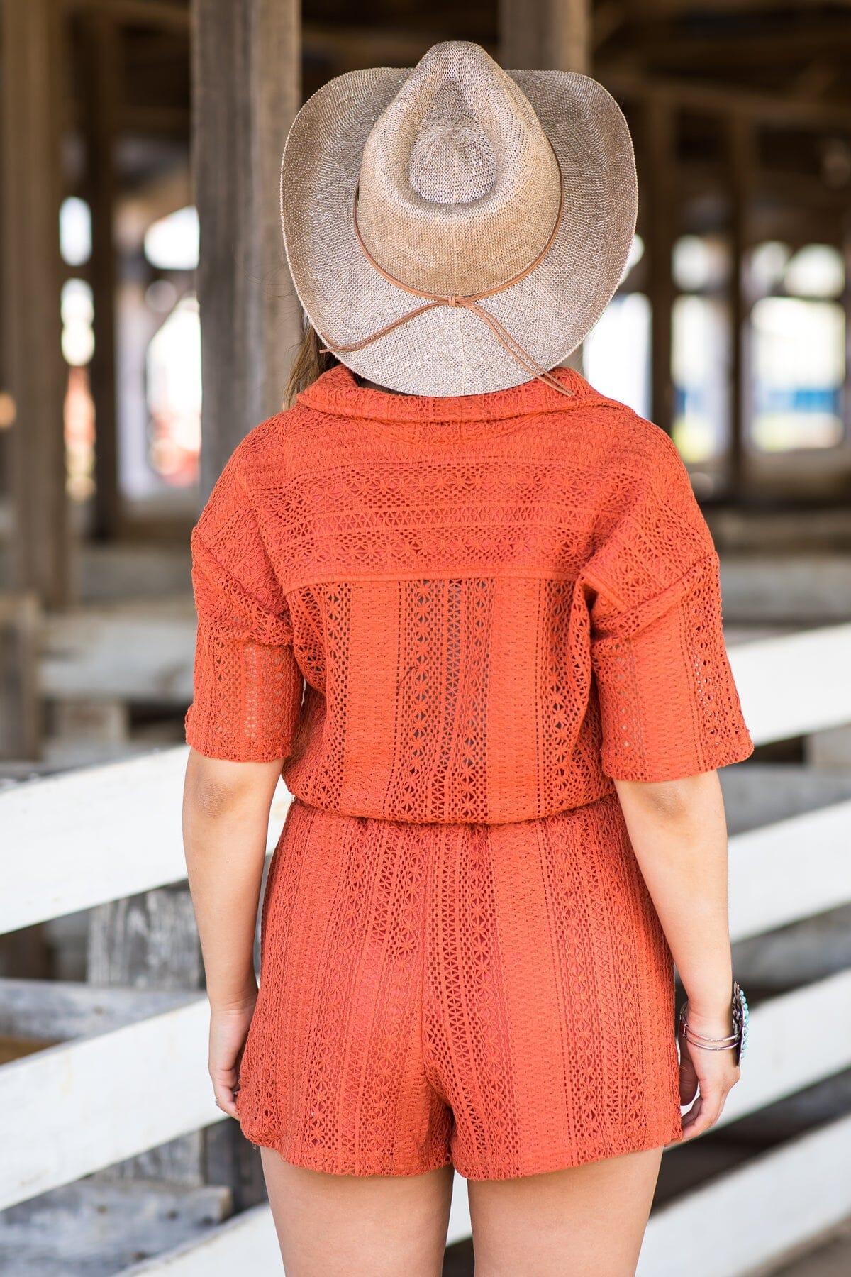Burnt Orange Lace Elastic Waist Romper Product Image