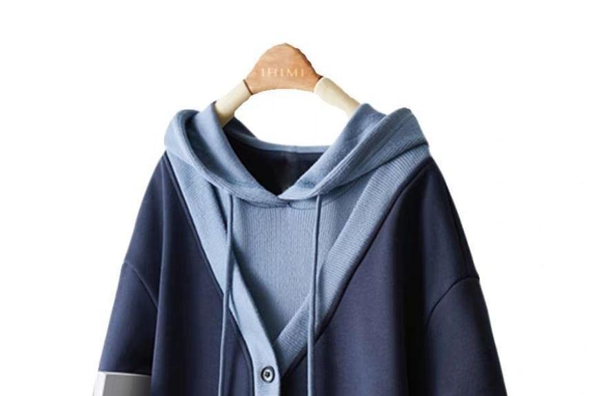 Drawstring Mock Two Piece Button Down Hoodie Product Image