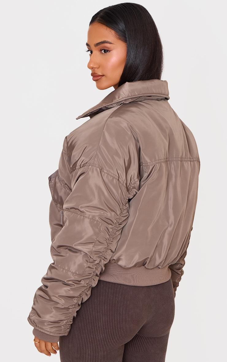 Petite Taupe Ruched Sleeve Bomber Jacket Product Image