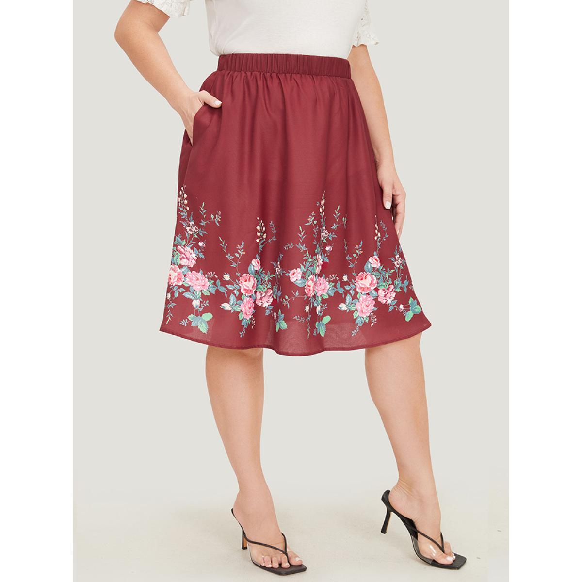 Plus Size Floral Print Pocket Flutter Hem Skirt Women Burgundy Elegant Printed No stretch Pocket Dailywear Skirts BloomChic 22-24/3X Product Image