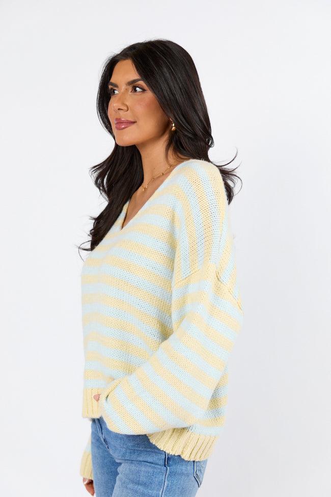 Wait A Minute Yellow and Blue Multi Striped V-Neck Sweater FINAL SALE Product Image