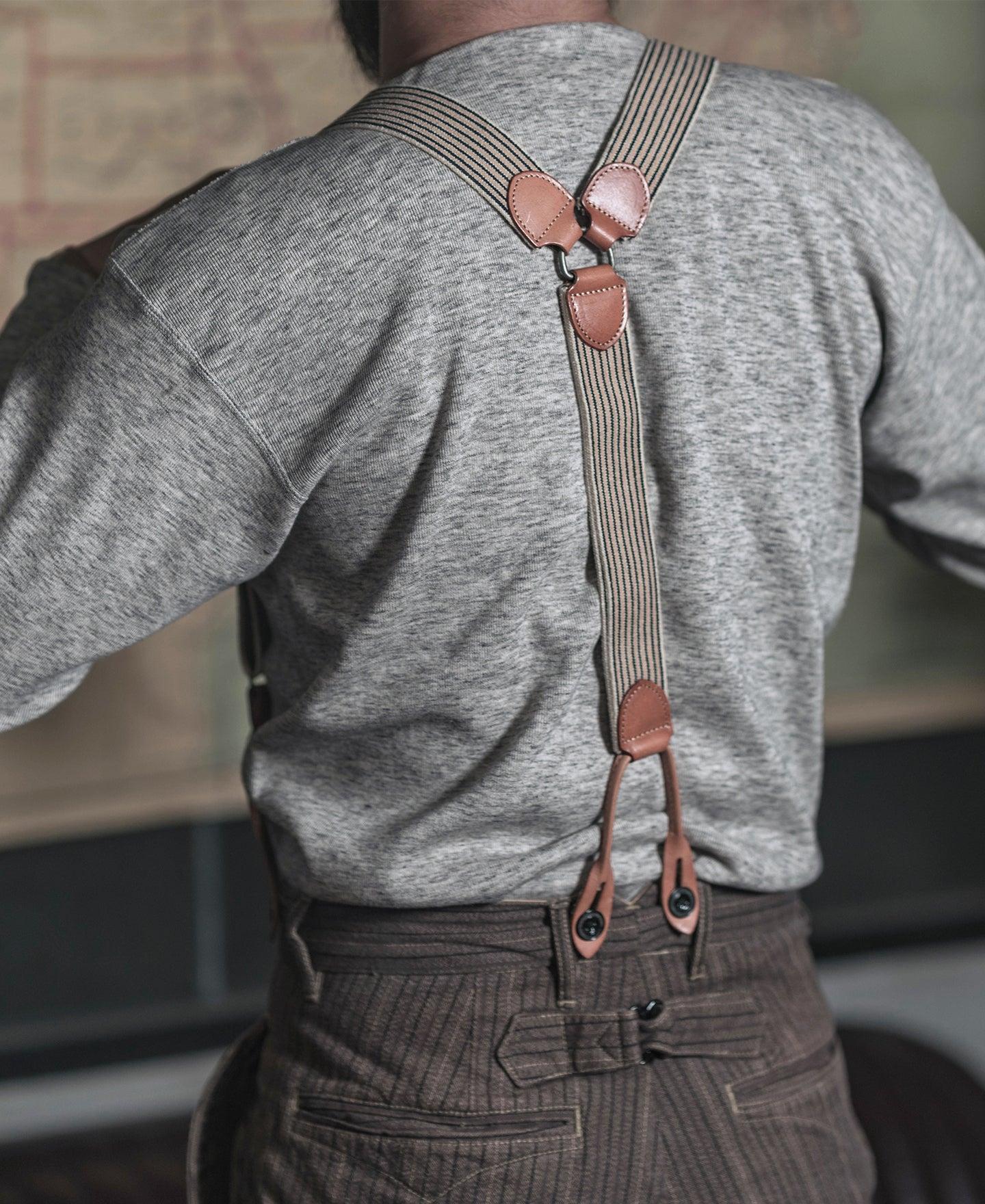 Old-Time Y-Back Leather Button Suspenders - Blue/Yellow Stripe Product Image