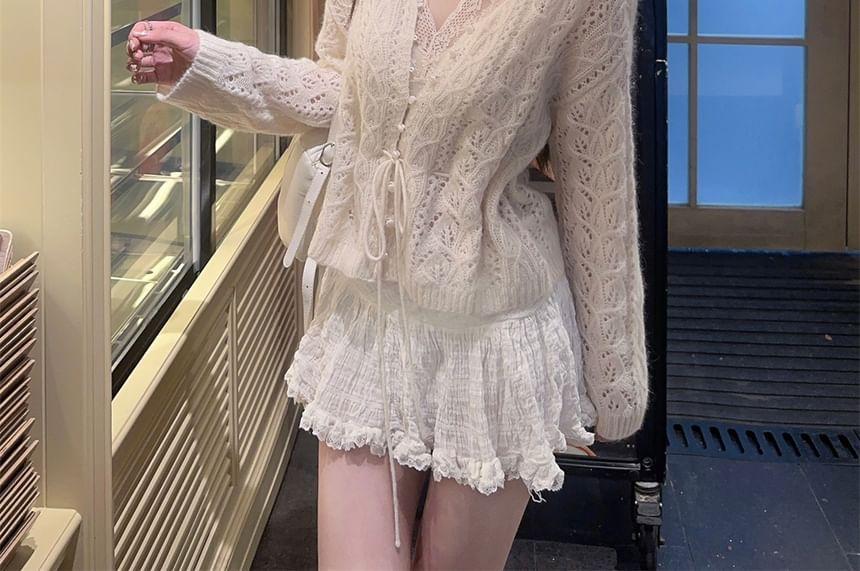 V-Neck Plain Pointelle Cardigan / Halter Bow Lace Cami Top Product Image