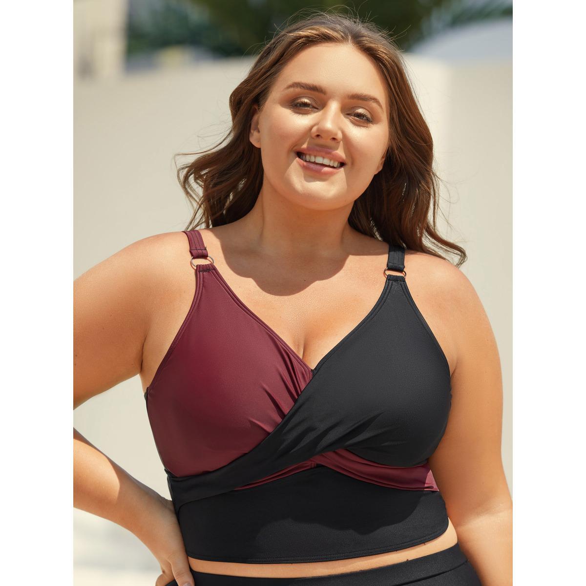 Plus Size Color Block Twist Front Ruched Swim Top Women's Swimwear Black Beach Gathered High stretch Skinny Overlap Collar Curve Swim Tops BloomChic 10/M Product Image