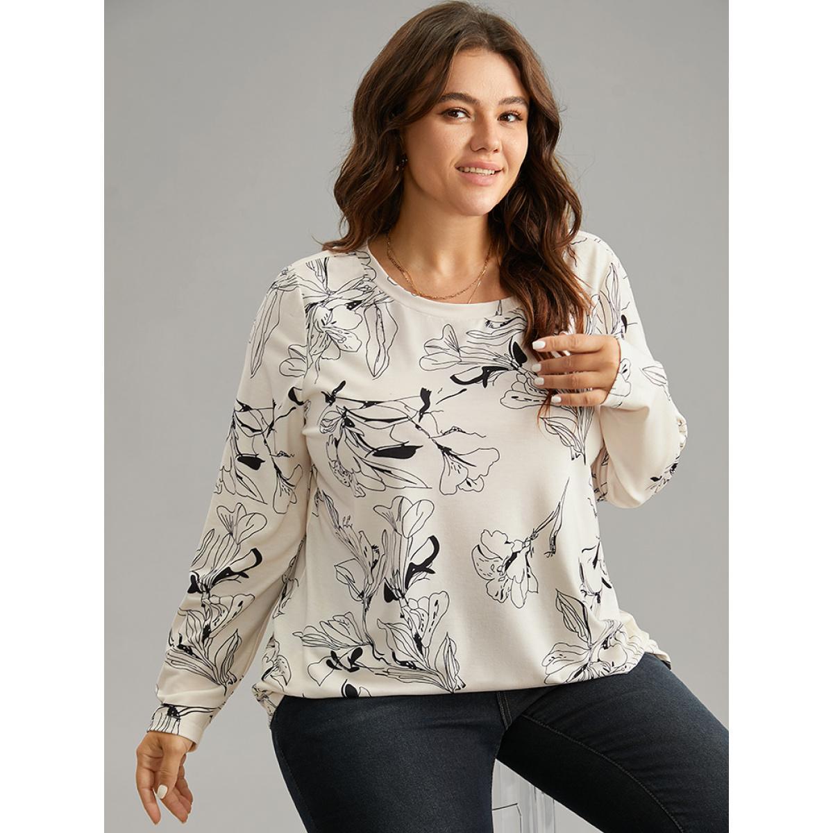 Plus Size Crew Neck Silhouette Floral Print Basic T-shirt White Women Elegant Printed Floral Round Neck Dailywear T-shirts BloomChic 22-24/3X Product Image