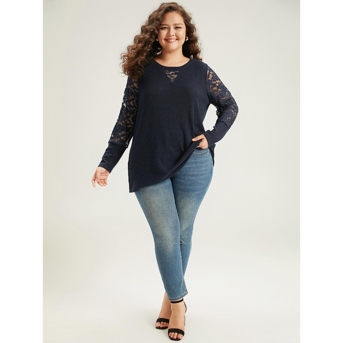 Plus Size Crochet Lace Mesh Crew Neck Sweatshirt Indigo Women Elegant Plain Plain Round Neck Dailywear T-shirts BloomChic 26/4X Product Image