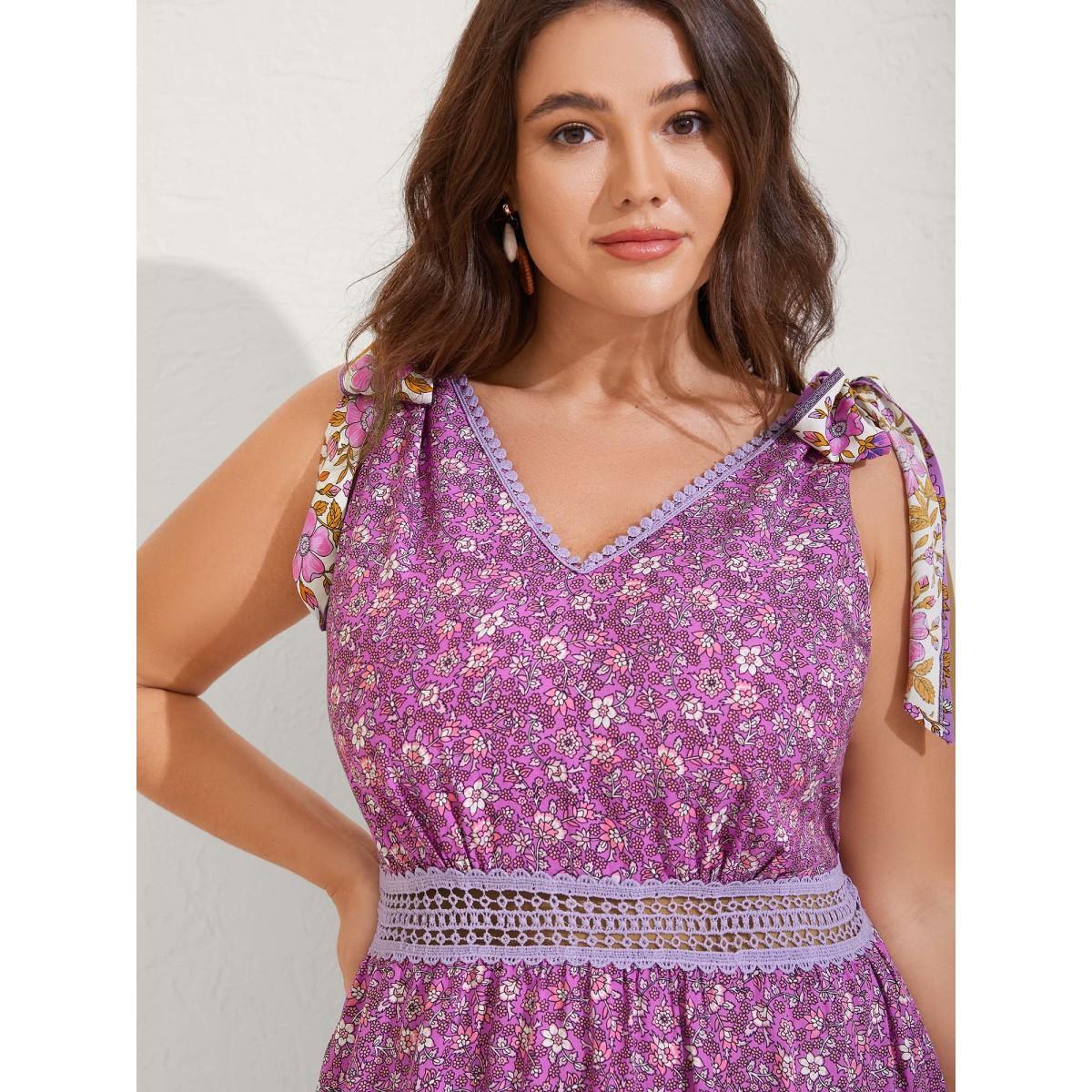 Plus Size Ribbon Shoulder Tie Tiered Maxi Dress DarkViolet Women V-neck Sleeveless Curvy BloomChic 30/6X Product Image