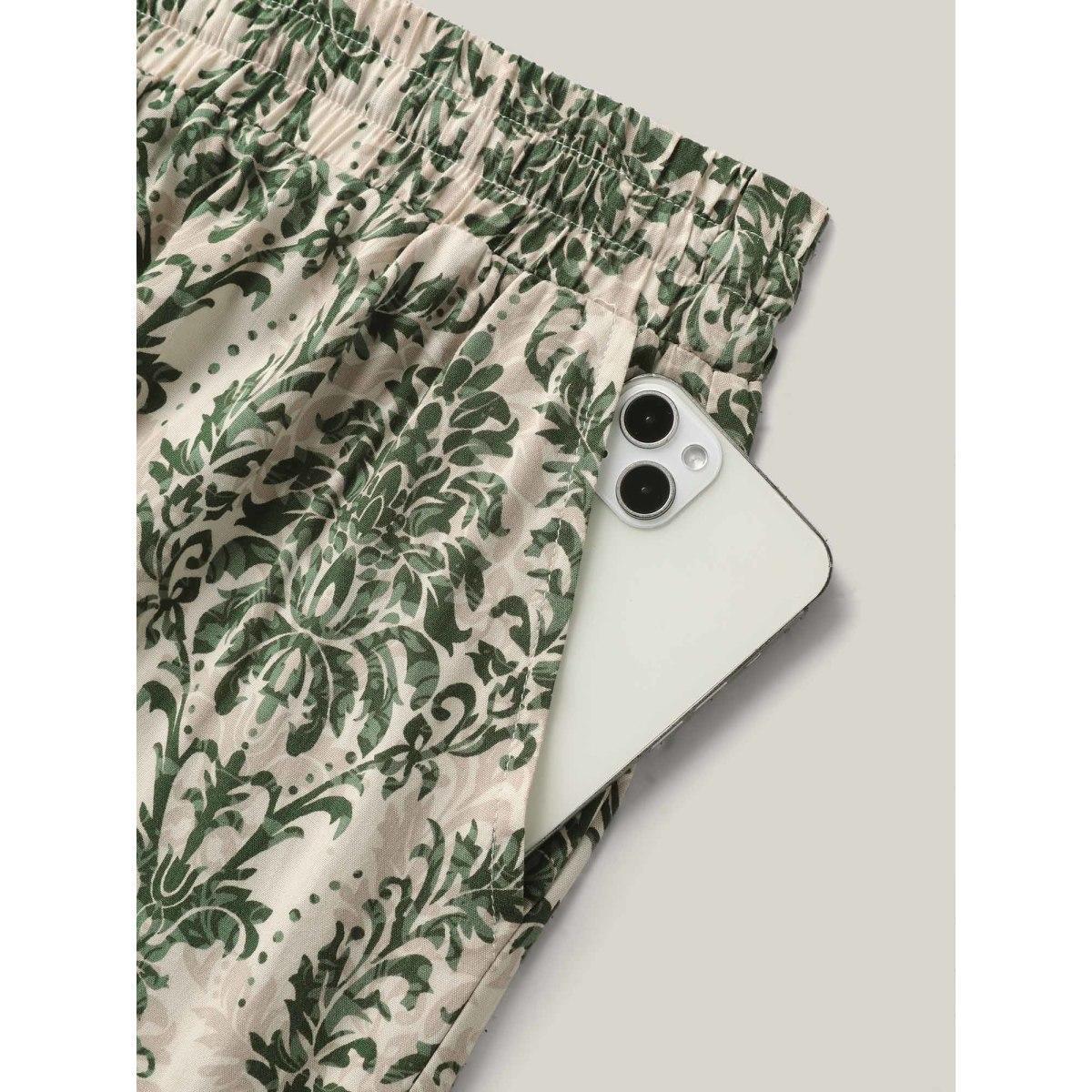 Plus Size Damask Print Straight-Leg Shorts Women LightGreen Resort Drawstring Straight Leg Vacation Shorts BloomChic 22-24/3X Product Image
