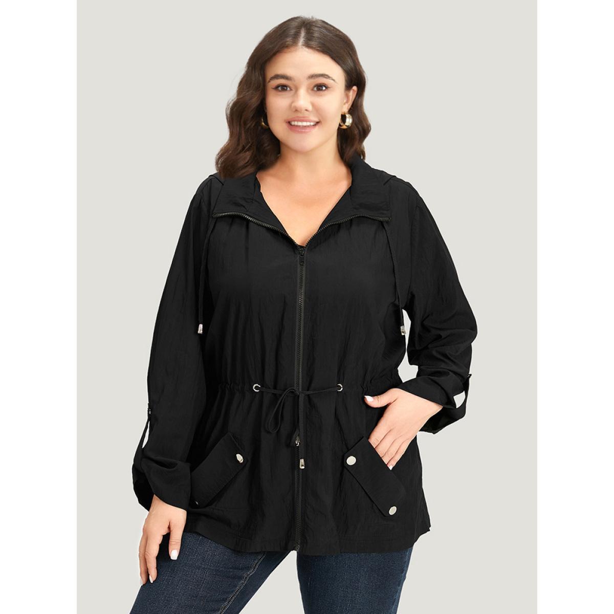 Plus Size Plain Hooded Zipper Drawstring Tab Sleeve Coat Women Black Plain Pocket Everyday Jackets BloomChic 14-16/1X Product Image
