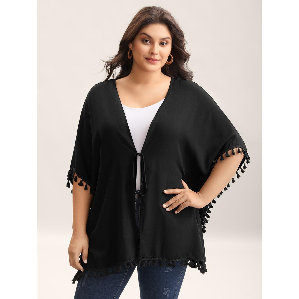 Plus Size Backless Front-Tie Tassels Kimono Women Black Tie knot Loose Vacation Kimonos BloomChic 14-16/1X Product Image