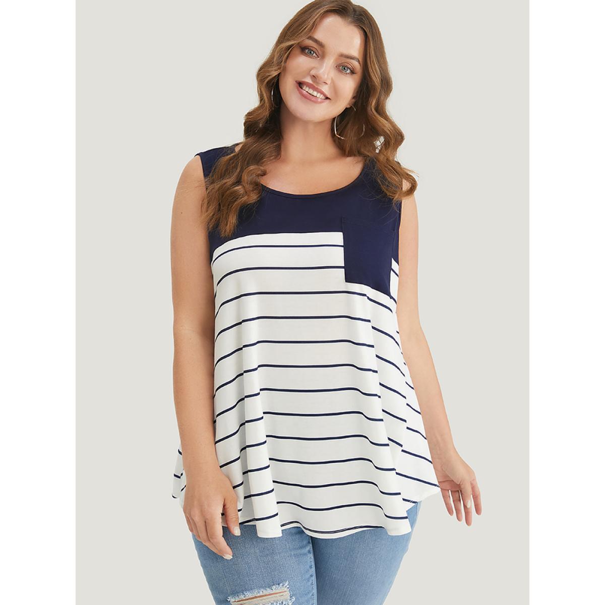 Plus Size Striped Patchwork Pocket Tank Top Women Navy Casual Round Neck Dailywear Tank Tops Camis BloomChic 14-16/1X Product Image