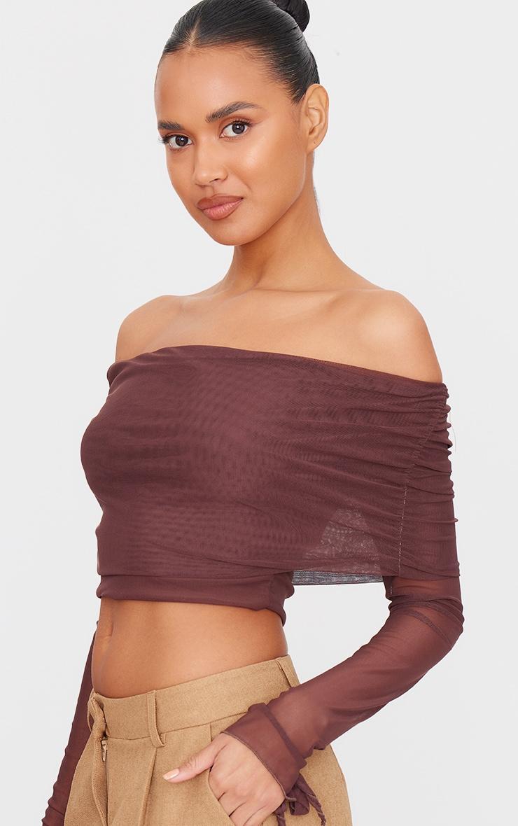 Chocolate Mesh Ultra Long Drape Sleeve Crop Top Product Image