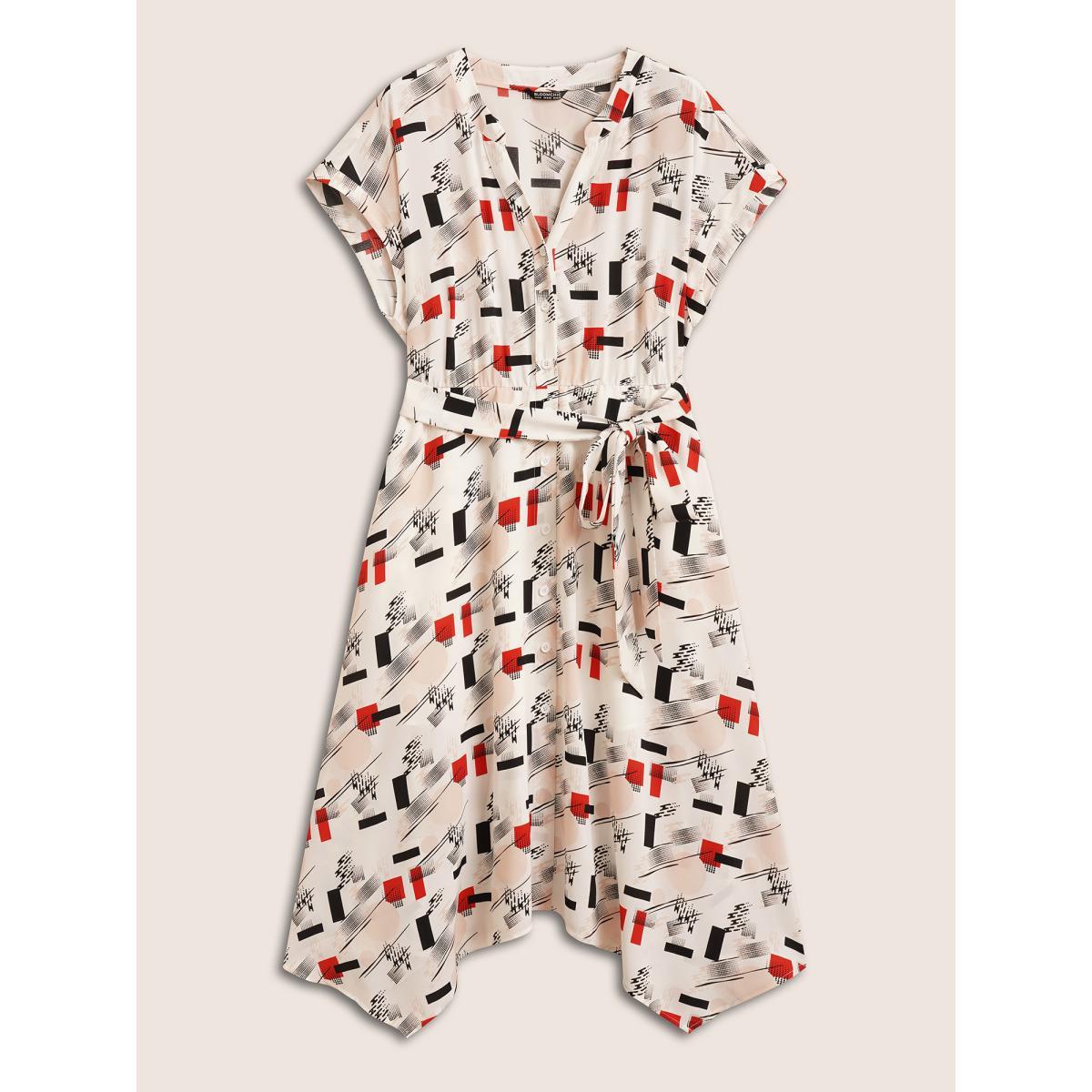 Plus Size Geometric Flat Collar With V Notch Batwing Sleeve Dress Multicolor Women At the Office Belted Flat collar with V-notch Short sleeve Curvy Midi Dress BloomChic 14-16/1X Product Image