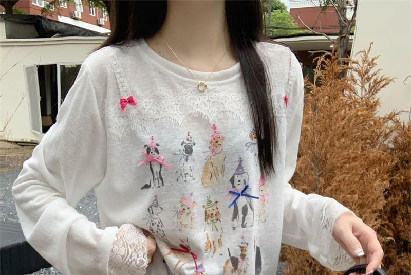 Long-Sleeve Crew Neck Dog Print Lace Trim T-Shirt Product Image