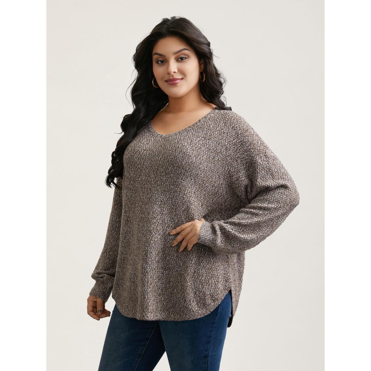 Plus Size Textured V-Neck Curved Hem Pullover DarkBrown Women Casual Loose Long Sleeve V-neck Everyday Pullovers BloomChic 28/5X Product Image