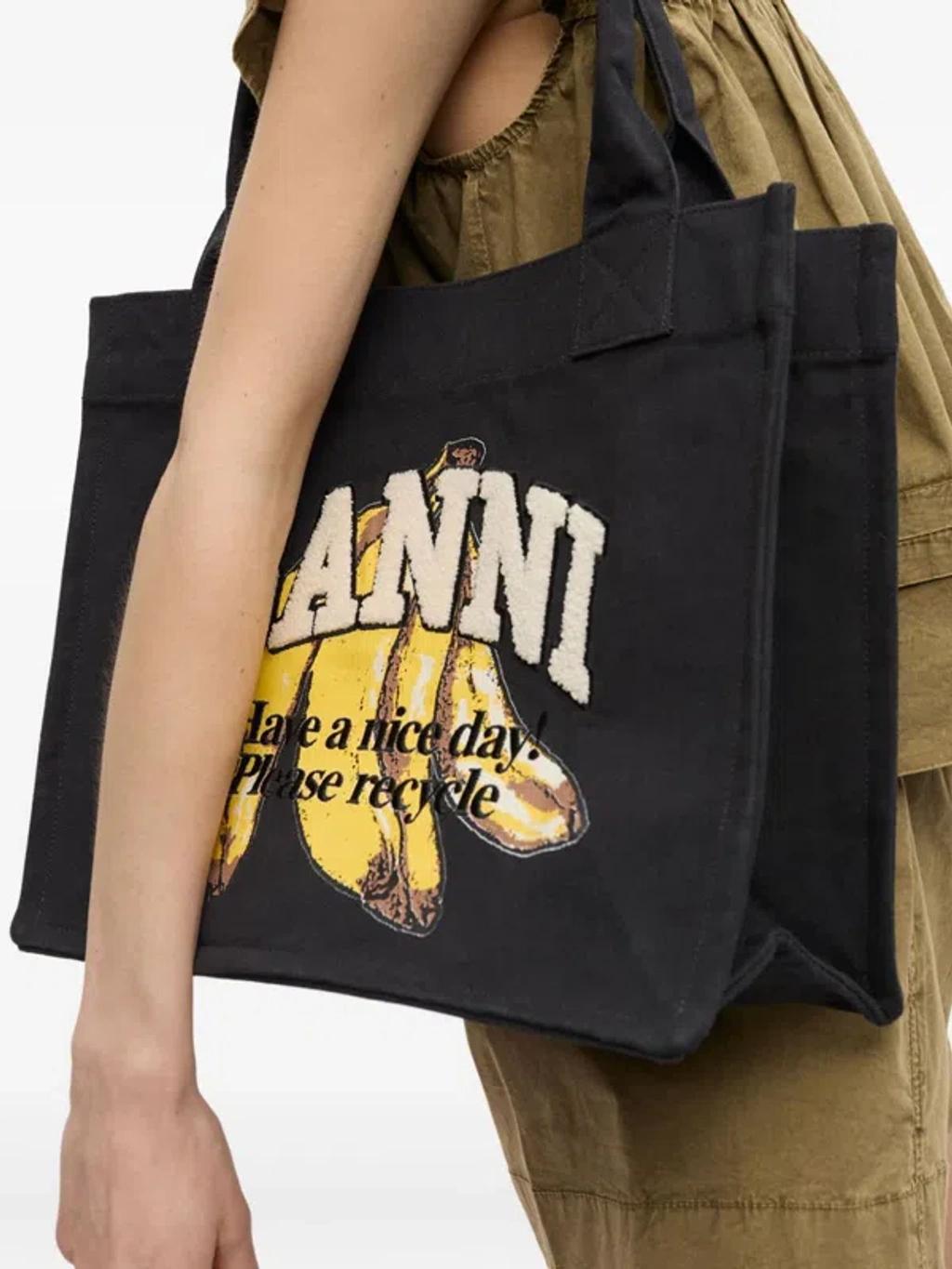 GANNI Banana Print Large Tote Bag In Black Product Image
