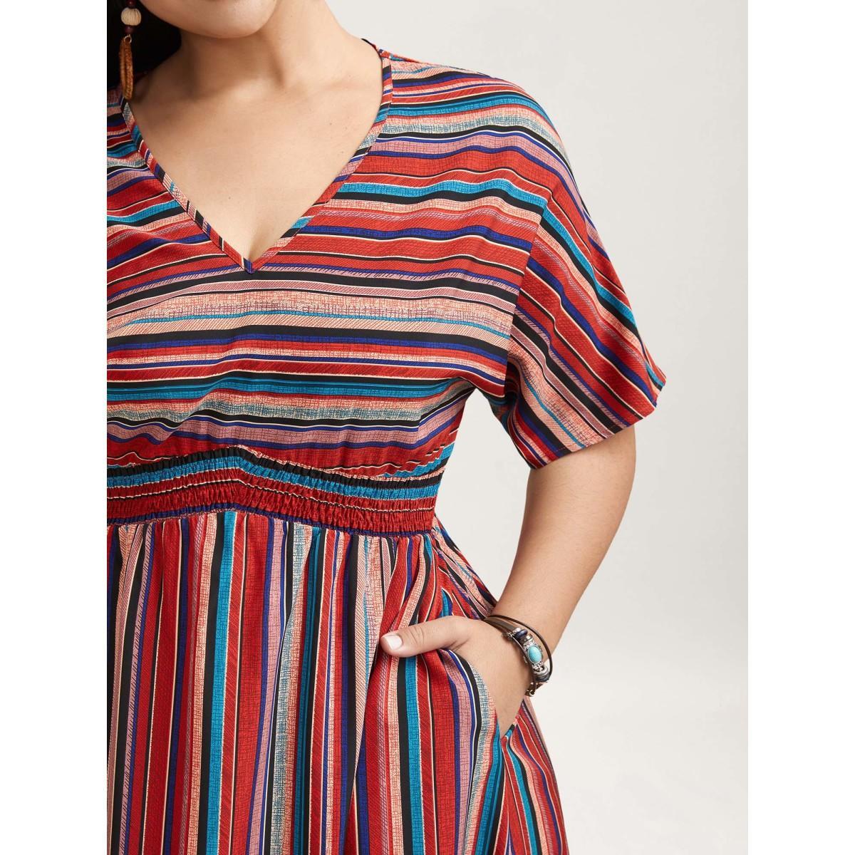 Plus Size Striped Shirred V-Neck Half Sleeve Midi Dress Scarlet Women Resort Shirred V-neck Short sleeve Curvy BloomChic 14-16/1X Product Image