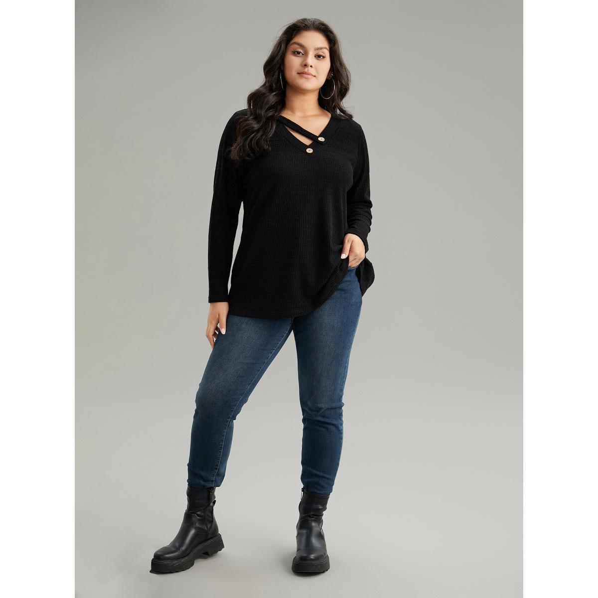 Plus Size Solid Rib Knit Button Detail T-shirt Black Women Casual Non Plain V-neck Everyday T-shirts BloomChic 26/4X Product Image