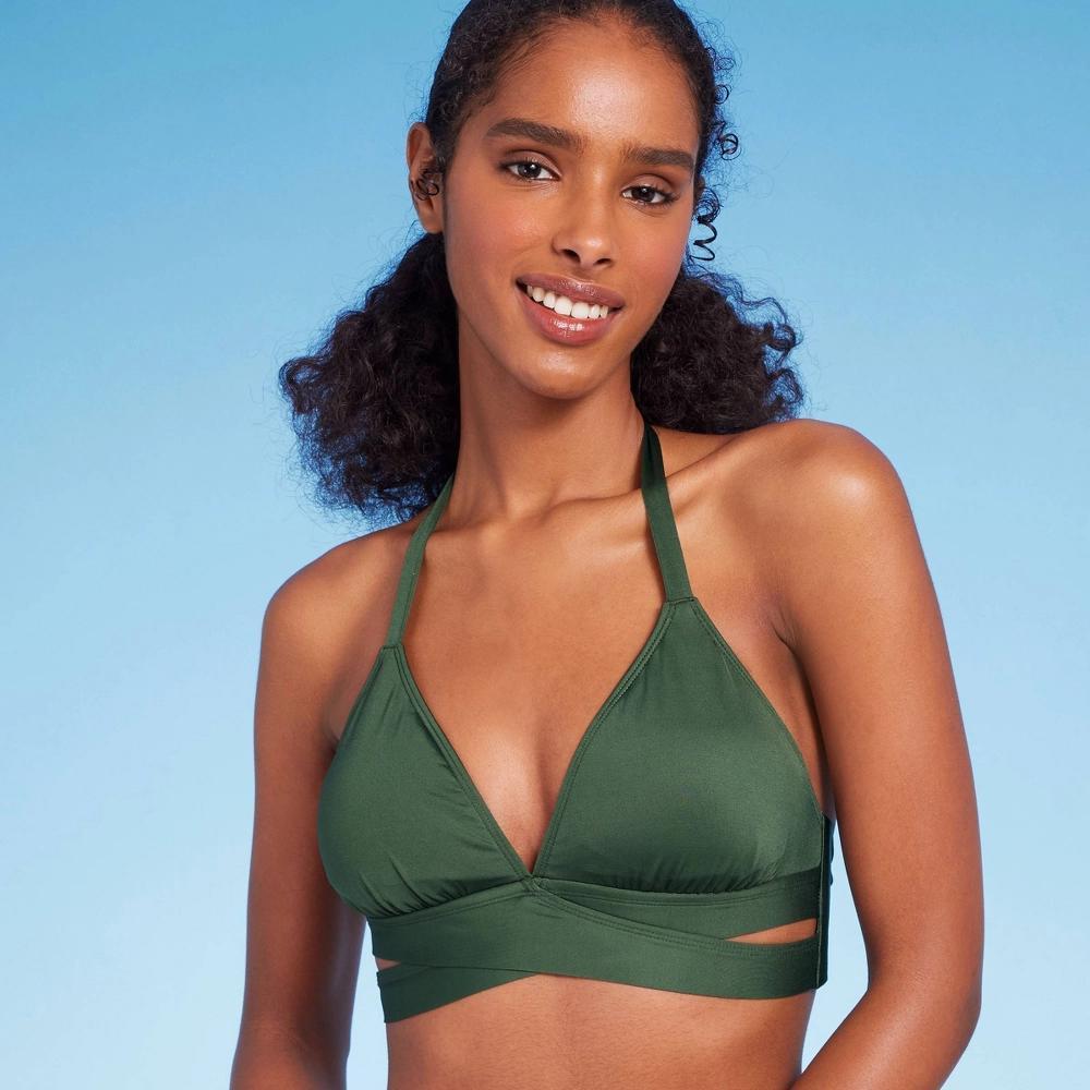 Women's Triangle Bralette Faux Wrap Halter Bikini Top - Shade & Shore™ Dark Green M Product Image