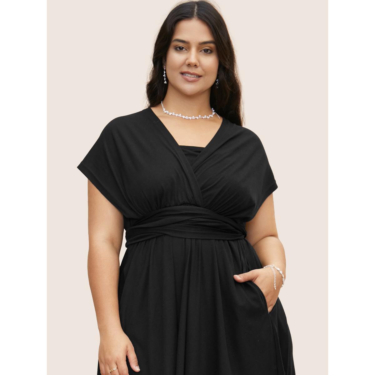 Plus Size Everywhere Dress - Monochromatic V Neck Wrap Dress Black Women Elegant V-neck Sleeveless Curvy BloomChic 22-24/3X Product Image