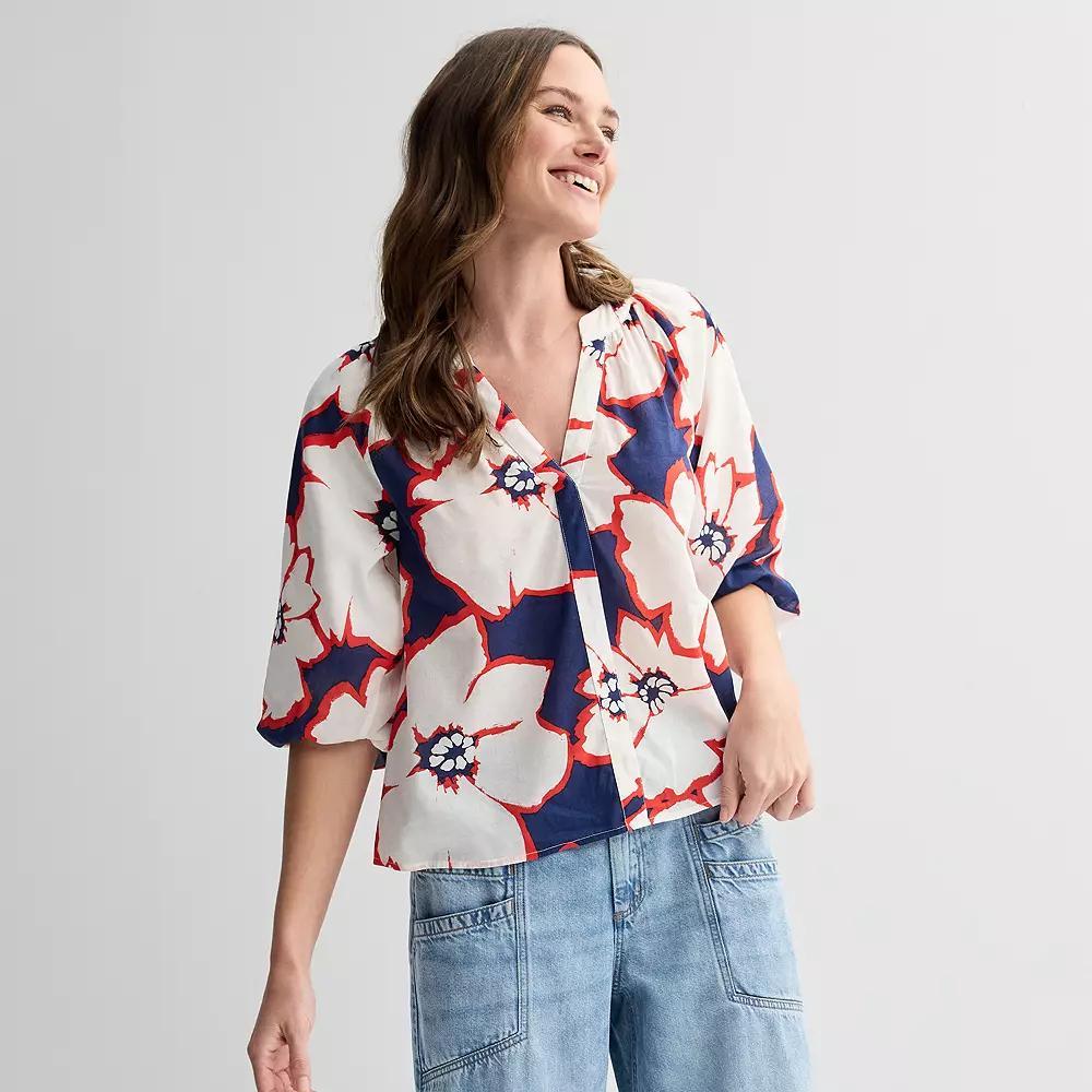 Women's Sonoma Goods For Life® Shirred Balloon Sleeve Y-Neck Top, Size: Large, Blue Brush Floral Product Image