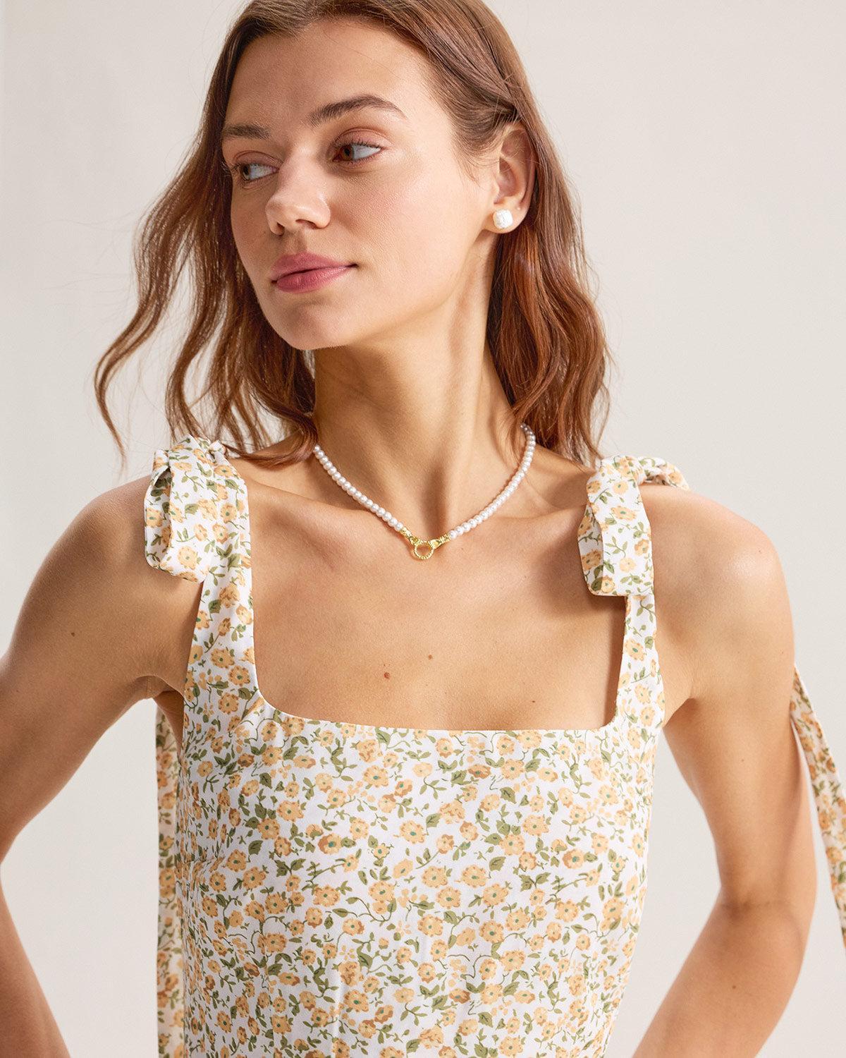 Yellow Floral Shirred Slip Midi Dress Product Image