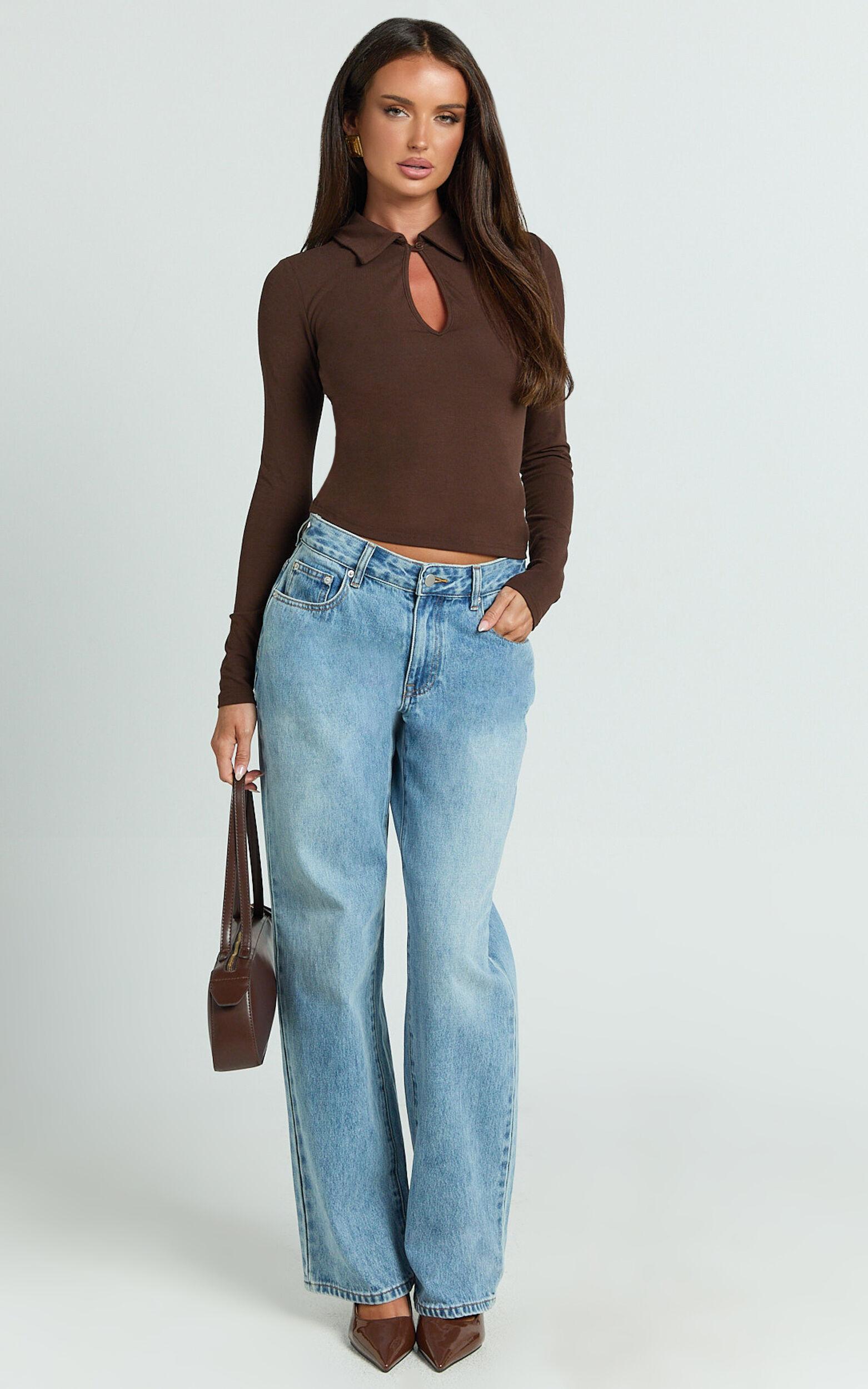 Tove Top - Long Sleeve Collared Polo Top in Dark Chocolate Product Image