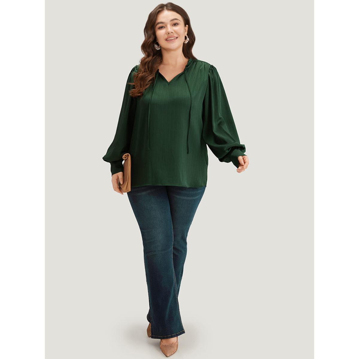 Plus Size DarkGreen Anti-Wrinkle Solid Knot Neck Gathered Lantern Sleeve Blouse Women Office Long Sleeve Tie Neck Work Blouses BloomChic 12/L Product Image