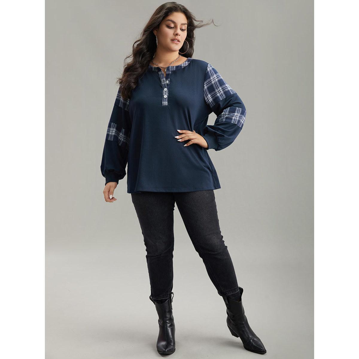 Plus Size Plaid Patchwork Button Up Rib Knit Sweatshirt Women Indigo Casual Elastic cuffs Open Front Dailywear Sweatshirts BloomChic 28/5X Product Image
