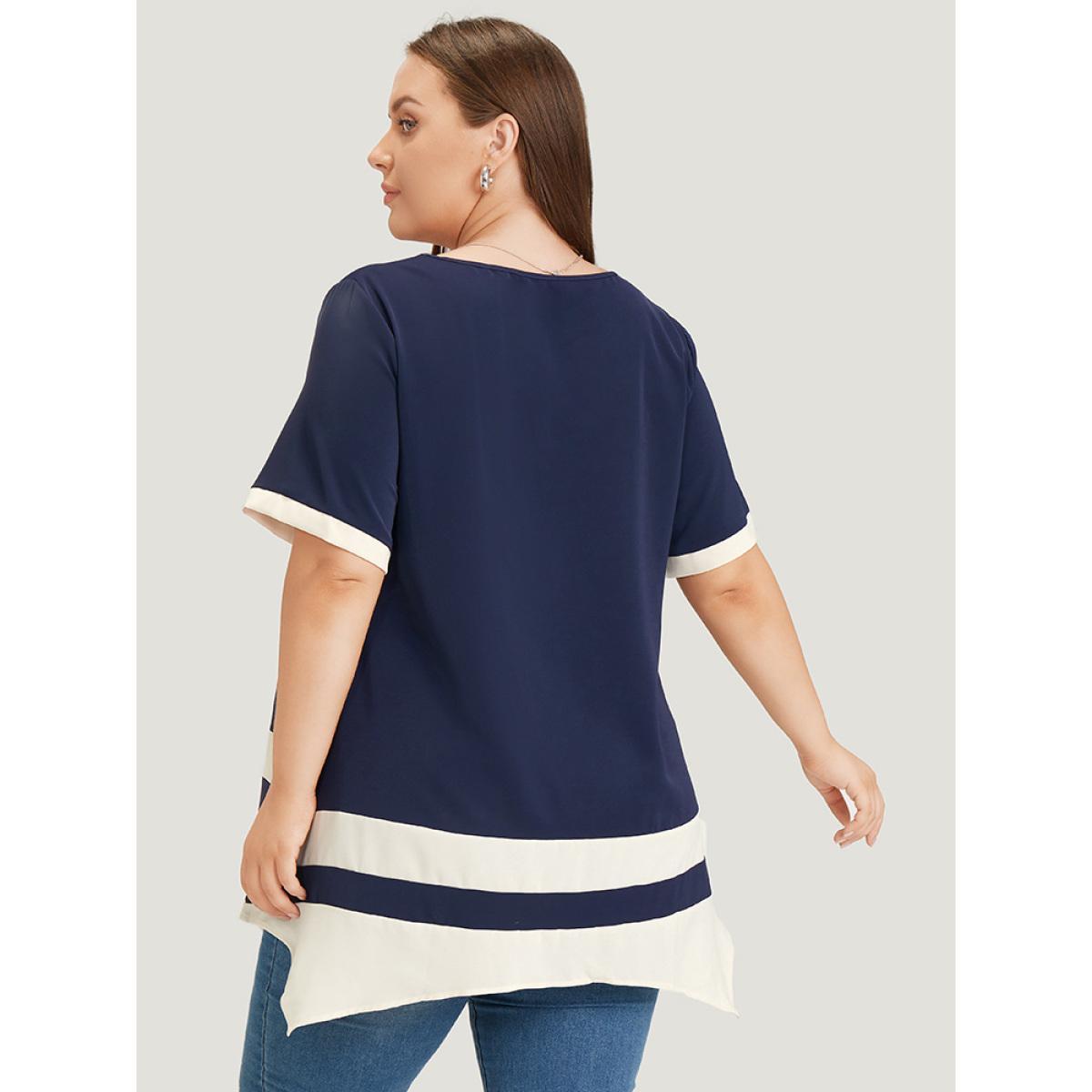 Plus Size Midnight Anti-Wrinkle Two Tone Hanky Hem Blouse Women Office Short sleeve V-neck Work Blouses BloomChic 22-24/3X Product Image